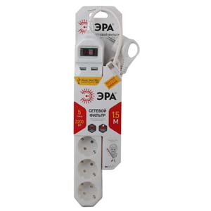 USF-5es-1.5m-USB-W Сетевой фильтр ЭРА (белый) с заземл, 3x0,75мм2, с выкл, 5гн+2USB, 1.5м - купить в Кемерово